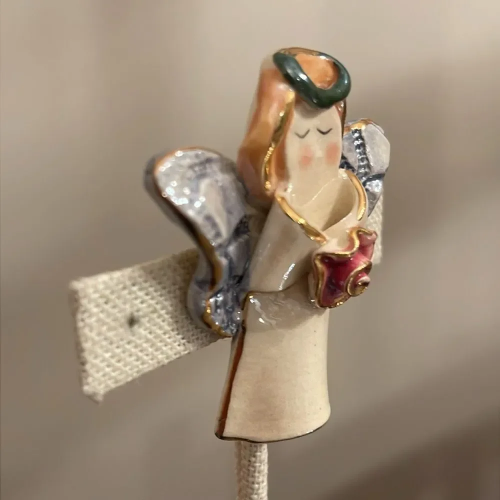 Vintage Ceramic Lusterware Angel with Rose Brooch Lapel Pin
